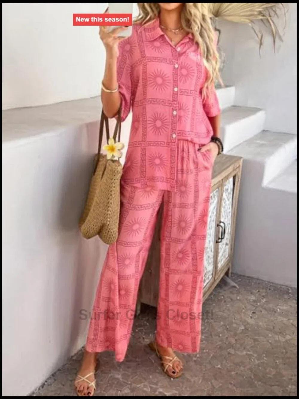 2 Piece Boho Summer Short Sleeve Top and Matching Pants Set